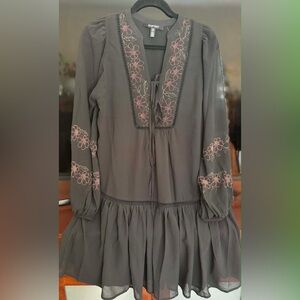 Ellen Tracy Gray Midi Dress with Pink Floral Embroidery